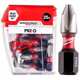 Біта SHOCKWAVE MILWAUKEE, PH2, 25мм, (25шт), пластикова коробка