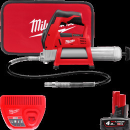 Шприц для змащування акумуляторний MILWAUKEE, M12 GG-401B (зарядний пристрій, 1 акумулятор М12 В4 4Ач, алюмінієва туба, сумка)