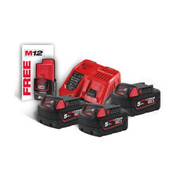 Енергокомплект Li-Ion MILWAUKEE, M18 NRG-503 (зарядний пристрій M12-18FC, 3 акумулятори M18 В5 5Аг) + подарунок акумулятор M12 B