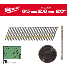 Цвяхи з кільцевою накаткою та круглою головкою MILWAUKEE, 2,8х7,4мм/20 градусів/65мм (2000шт)