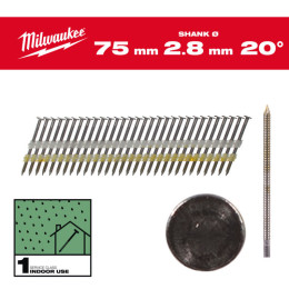 Гвозди с кольцевой накаткой и круглой головкой MILWAUKEE, 2,8х7,4мм/20°/75мм (2000шт)