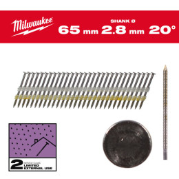 Цвяхи оцинковані з кільцевою накаткою та круглою головкою MILWAUKEE 2,8х7, 4 мм/20°/65 мм (20000 шт.)